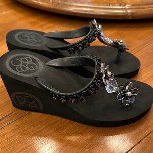 BCBG Black Floral Embellished Wedges